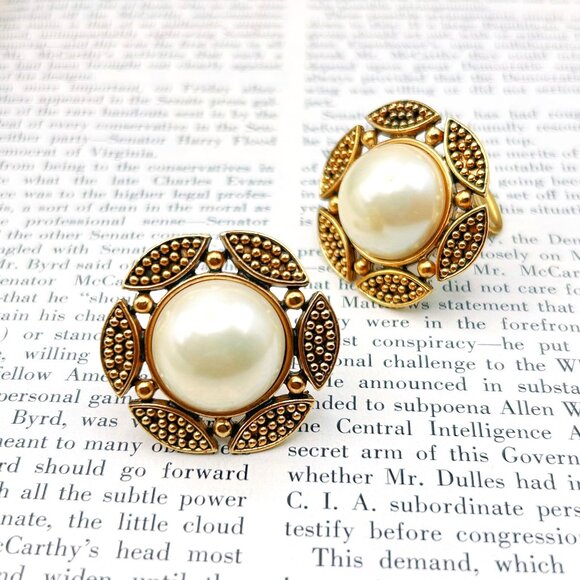 Vintage Vandome Clip-On Earrings | Faux Pearl Gold Tone Signed 1960s Jewelry - Picture 1 of 11